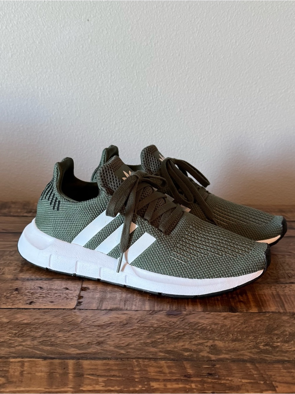 adidas Swift Run Women's Olive Green Knit Athletic Sneakers with White Stripes - Picture 7 of 10